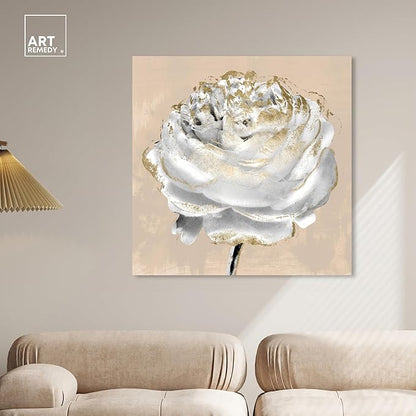 Art Remedy Beige Ranunculus Canvas Elegant White Gold Wall Art, Gallery Wrapped, 40" x 40"