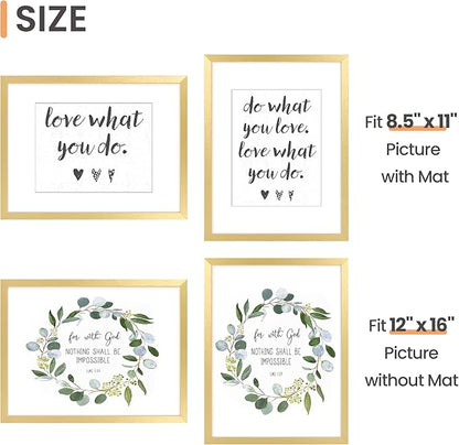 upsimples 12x16 Picture Frame Set of 5, Display Pictures 8.5x11 with Mat or 12 x 16 Without, Wall Gallery Poster Frames, Gold