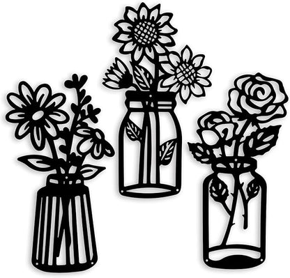 3 Pieces Sunflower Roses Daisy Black Metal Flowers Wall Decor Metal Vase Wall Art Metal Wall Sculptures Hanging for Indoor Kitchen Bathroom Bedroom Living Room,14.56x7.87 inches