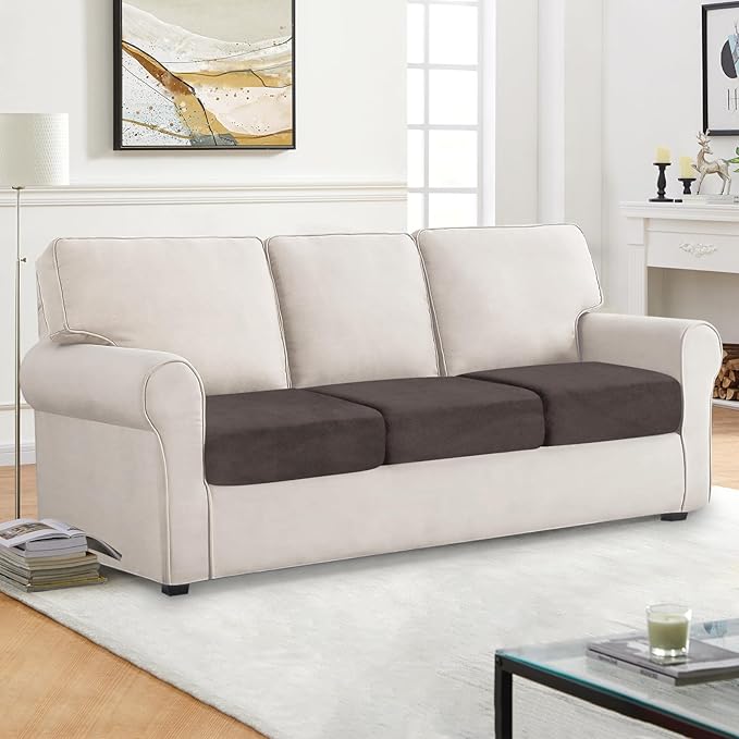 Couch Cushion Cover Velvet 3 Pieces Seat Cushion Cover Stretch Sofa Covers Separate Sectional Sofa Slipcovers Furniture Protector (3-Seater or Backrest, Coffee)
