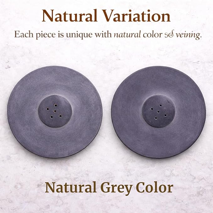 Handmade Natural Grey Marble Incense Stick Holder - Round Incense Burner With Multiple Holes For Incense Sticks. Decorative Ash Catcher For Home and Office Decor. (4 inch Diameter, Grey)