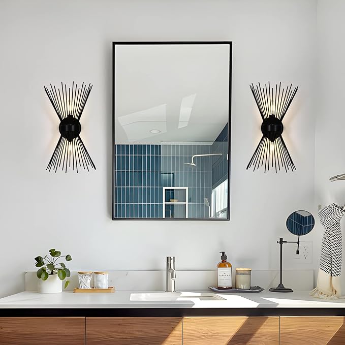 EDISLIVE 2-Bulb Bathroom Vanity Light Mid-Century Modern Starburst Wall Sconce Lamp 11 x 4.7 x 15.8in Wall Light for Hallway Bedroom Bathroom Black
