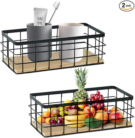 2-Pack Small Wire Baskets, Metal Wire Storage Baskets, Rustic Storage Bin Wood Base Containers Farmhouse Rectangle Organizer Tray for Home Kitchen Bathroom