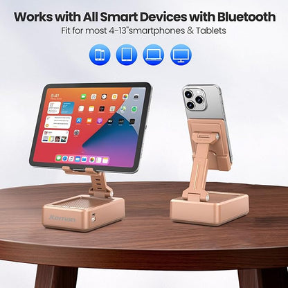 JTEMAN Cell Phone Stand with Bluetooth Speaker,HD Sound Adjustable Phone Holder,Birthday Gifts for Men Women, Cool Tech Kitchen Gadgets for Most Phones and Tablets-Rose Gold