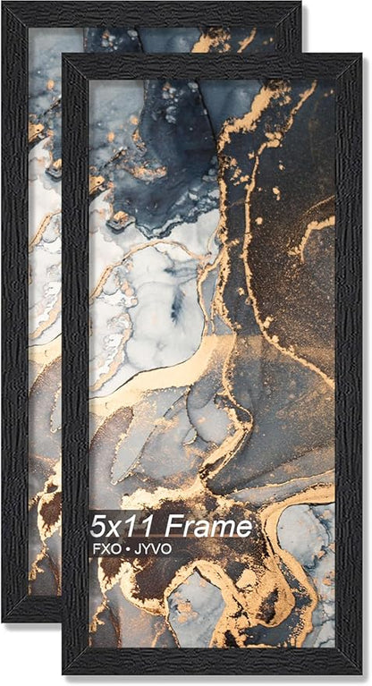 Engineered Wood 5x11 Picture Frame Set of 2, Black Frame for 5 x 11 Inch Picture Poster Photo, Light Weight 5 by 11 Frame with Wood-grain for Wall - 2 Pack/Black/5"x11"