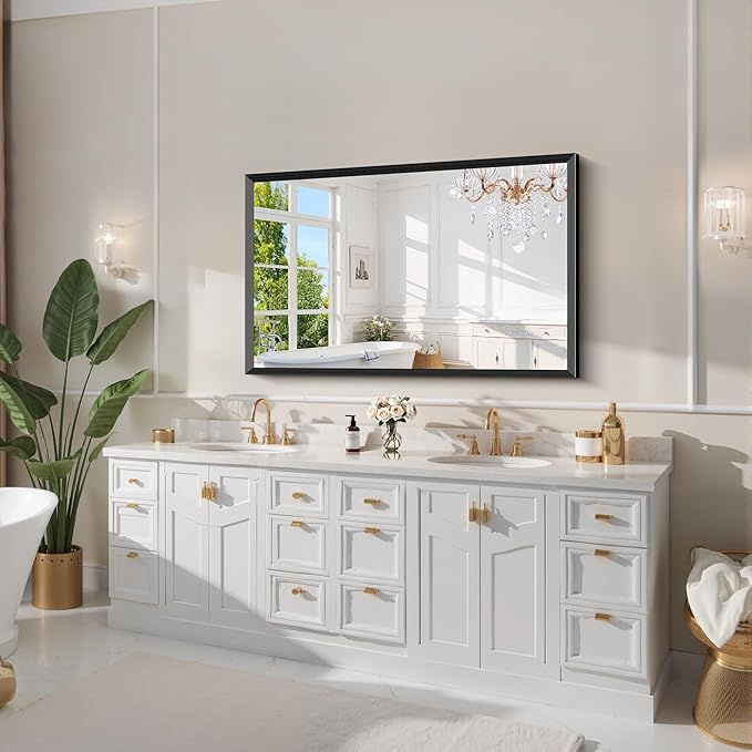 Black Bathroom Mirror 30 x 50 Inch Rectangle Wave Beveled Frame for Wall Bathroom Vanity Mirror for Over Sink, Tempered Glass,for Entryway Hangs, Bathroom Living Room Horizontal or Vertical