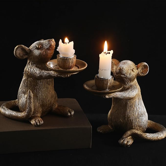 Mumufy Set of 2 Gold Antique Mouse Candle Holders Resin Candlestick Holder Table Decor for Living Room, Dinner, Fireplace Mantle, Christmas Decoration Vintage Decorative Table Centerpiece, Home Party