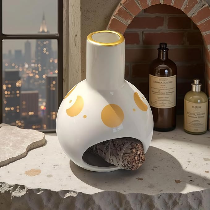 Handmade Ceramic Palo Santo Holder Burner & Sage Holder - Mini Tabletop Chiminea Burner Tray with Ash Catcher, Decorative Incense Holder for Spiritual Meditation & Yoga