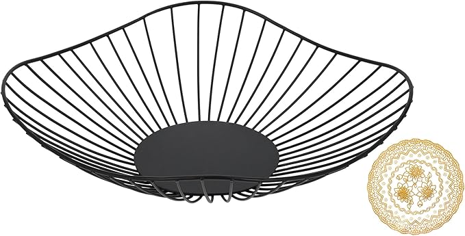 IBWell Antique Curved Edge Fruit Basket for Kitchen Black Wire Basket Fruit Bowl for Home Decor Metal Wire Fruit Holder for Fruit Vegetable Snacks