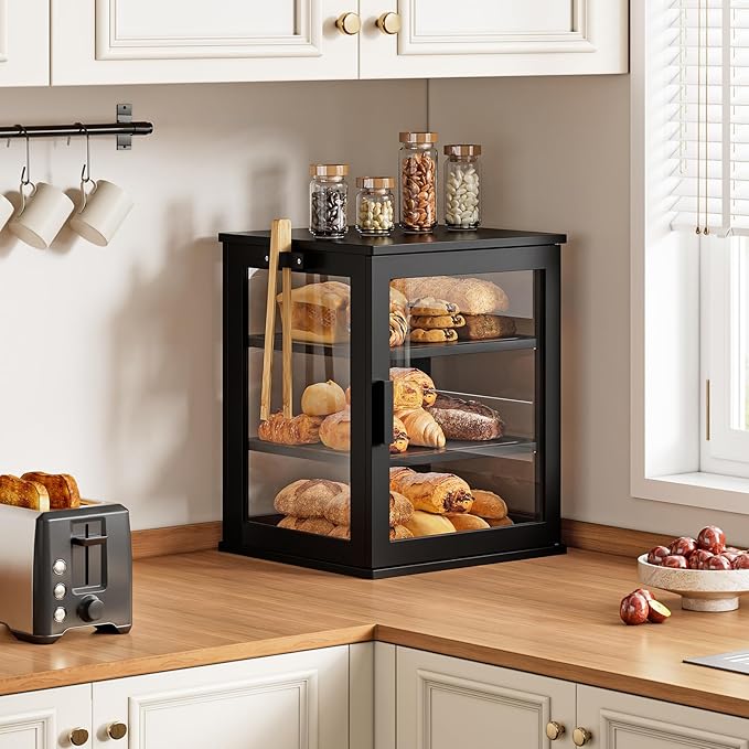 WOWLIVE Black Bread Box for Kitchen Countertop, Large 3 Layers Bread Storage Container for Homemade Bread with Window, Farmhouse Breadbox Organizer for Kitchen, Cabinet, Pantry (Black, Extra Large)