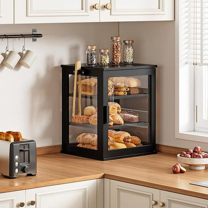 WOWLIVE Black Bread Box for Kitchen Countertop, Large 3 Layers Bread Storage Container for Homemade Bread with Window, Farmhouse Breadbox Organizer for Kitchen, Cabinet, Pantry (Black, Extra Large)