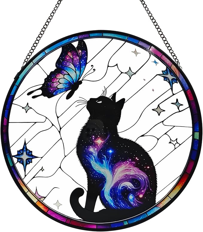 Black Cat Stained Glass Window Hanging, 9.8'' Black Cat & Butterfly with Nebula Design Suncatcher Indoor Outdoor Home Decor for Cats Lovers, Gift for Halloween