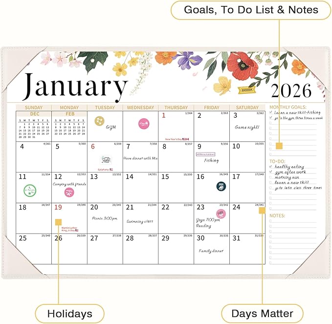 Ospelelf Desk Calendar 2026-2027 Wall Monthly Planner 12"x17" Leather Pad with Protective Cover 18 Months January 2026 - June 2027 White Floral