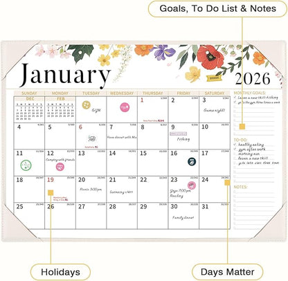 Ospelelf Desk Calendar 2026-2027 Wall Monthly Planner 12"x17" Leather Pad with Protective Cover 18 Months January 2026 - June 2027 White Floral