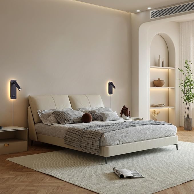 Wall Mounted Reading Light Set of 2, LED Headboard Reading Lamp with 3 Dimming，Bedside Wall Lamps with Plug in Cord, 350° Rotation Sconces Wall Lighting, 3W Spotlight+6W Backlight (Black)