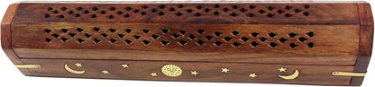 Sheesham Wood Incense Burner - Handmade Coffin Style Sun and Moon Inlay Incense Holder - Aromatherapy Room Freshener Cone Incense Stick Burner Ash Catcher - Zen Home Gift - 12x2x2 - COTTON CRAFT