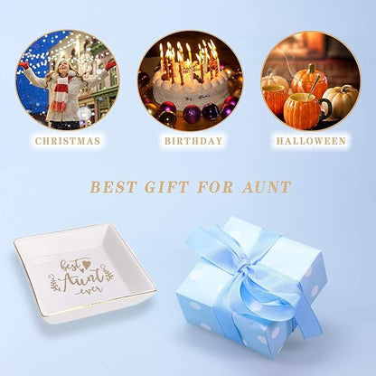 Aunt Gifts Best Aunt Ever Birthday Gift for Women Auntie from Niece and Nephew Mothers Day Christmas Jewelry Dish Ceramic Trinket Trays Ring Holder Bathroom Decor