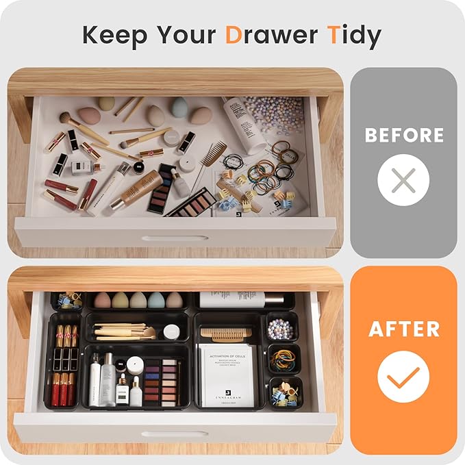 A-LuGei 【𝟮𝟮𝗣𝗖𝗦】 Plastic Black Desk Drawer Organizer, Bathroom Organizers and Storage, Makeup Organizer, Organization and Storage Bin Container for Vanity Office Utensils Tool Pantry Cosmetic