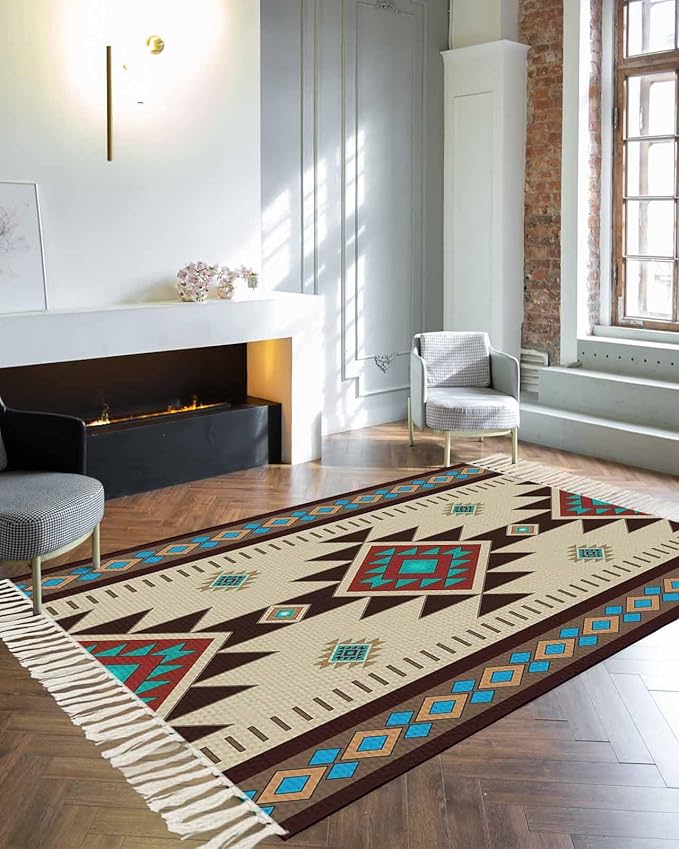 Boho Southwestern Large Runner Rug 4X6 Ft Living Room Area Rug, Washable Woven Aztec Abstract Geometric Throw Carpet with Tassel, Non-Shedding Vintage Native American Patterned Bedroom Office Carpets