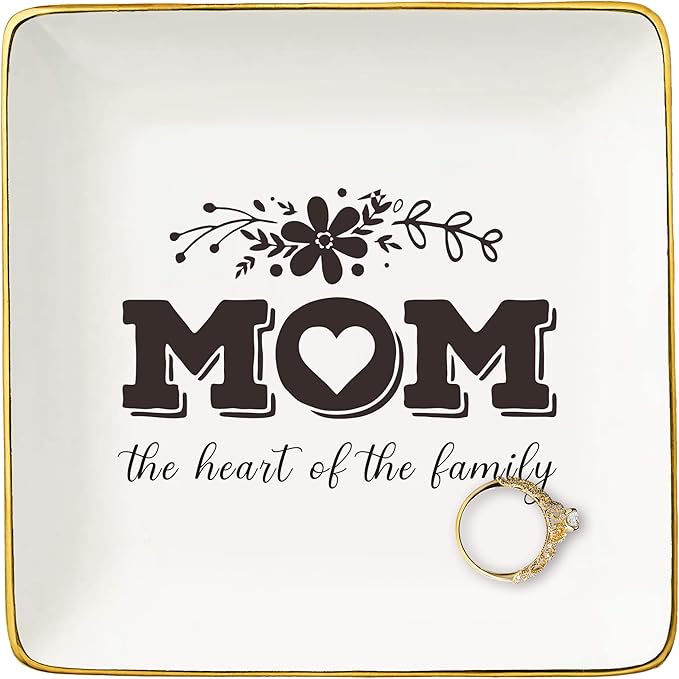 Mom Gifts for Mother's Day-Birthday Thanksgiving Christmas Gifts for Mother-Mom Life-Thank You Gift-Mom the Heart of the Family-Mother Appreciation Gift-Ceramic Jewelry Tray Trinket Holder Ring Dish