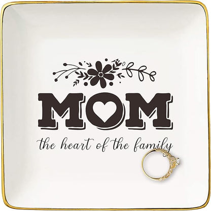 Mom Gifts for Mother's Day-Birthday Thanksgiving Christmas Gifts for Mother-Mom Life-Thank You Gift-Mom the Heart of the Family-Mother Appreciation Gift-Ceramic Jewelry Tray Trinket Holder Ring Dish