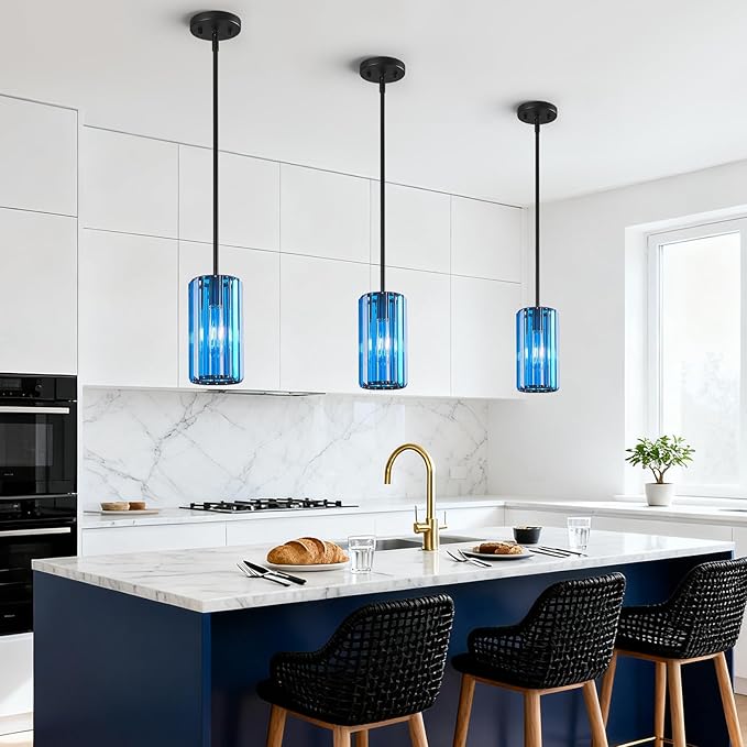 Modern Crystal Pendant Light Mini Dark Blue Chandeliers Adjustable Pendant Lights Fixture for Kitchen Island Dinning Room Corridor Bedroom(Dark Blue 1-Pack