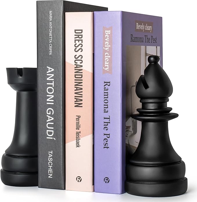 Chess Book Ends for Shelves – Elegant Decorative Bookends for Heavy Books, Office & Living Room Decor – Modern Shelf Organizer and Gift for Book Lovers by ROOKMATE (Matte Black, Opera Mate)