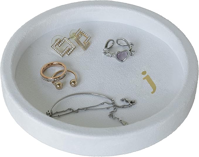 COLLECTIVE HOME - Velvet Jewelry Tray, 6" Monogrammed Jewelry Dish, Smooth Velour Display Dish for Rings, Earrings, Necklaces, Makeup, Personalized Gifts for Women (White-j)