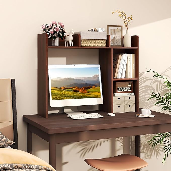 Desktop Bookshelf, 3-Tier Wood Countertop Bookcase with 5 Shelves, Desk Hutch for College Dorm, Multipurpose Desk Organizer Shelf Display Rack for Home Office, Hutch Top Only