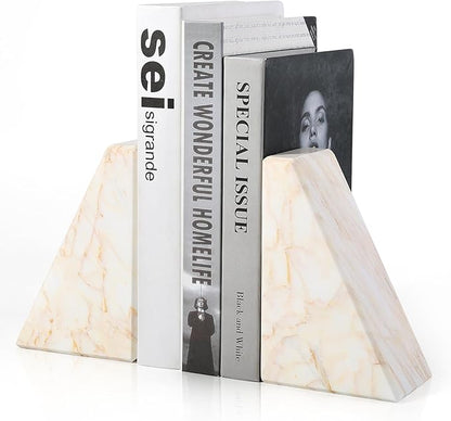 Marble Bookend for Heavy Books, Decorative Bookends for Shelves, Durable and Heavy-Duty Book End for Hardback Books & CDS, Unique Book Stopper & Holder, Sunny Golden, Set of 2