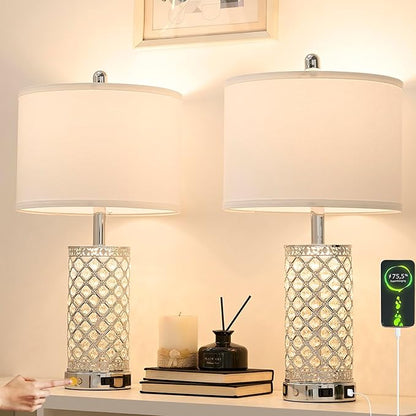 Modern Crystal Table Lamp - 24in Silver Bedroom Lamps 3-Way Dimmable Touch Lamp with Night Light, 2 USB Ports + AC Outlet, Bedside Night Stand Lamp for Living Room Office (Silver- 1 Pack 24In)