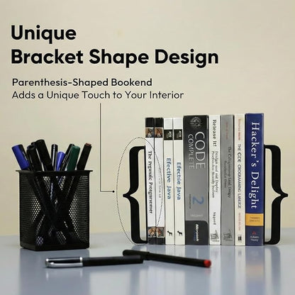Decorative Bookends for Shelves - Modern Bracket Shaped Metal Book Ends for Home Office Decor, Unique Minimalist Desk Accessories & Gift (White)