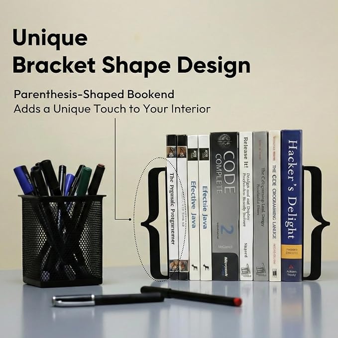 Decorative Bookends for Shelves - Modern Bracket Shaped Metal Book Ends for Home Office Decor, Unique Minimalist Desk Accessories & Gift (Black)