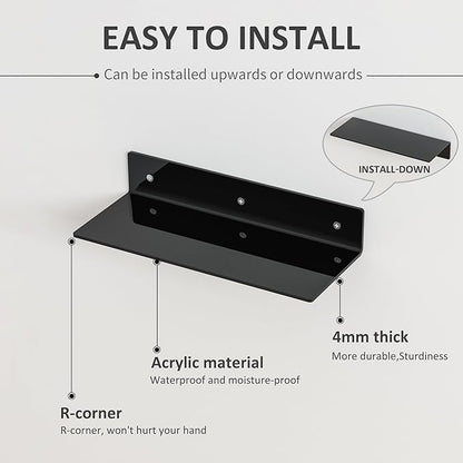15 Inches Black Acrylic Wall Shelves 4 Pack, Perspex Wall Mounted Shelves for Home Décor, Space Saver