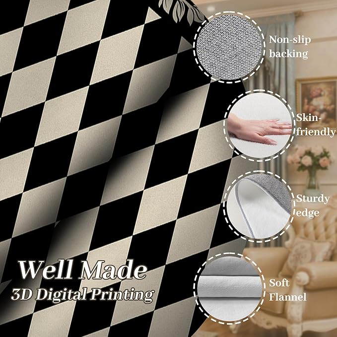Modern Black White Checkered Pattern Runner Rug, 3.3x7ft, Abstract Neutral Farmhouse Decor Rugs for Living Room, Non-Shedding Low Pile Soft Foldable Carpet for Family Kitchen