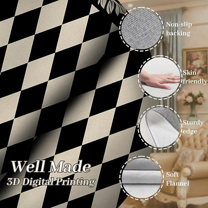 Modern Black White Checkered Pattern Runner Rug, 3.3x7ft, Abstract Neutral Farmhouse Decor Rugs for Living Room, Non-Shedding Low Pile Soft Foldable Carpet for Family Kitchen