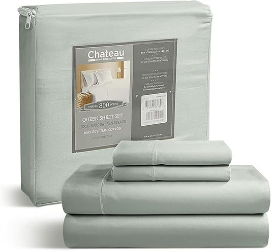 Deep Pocket Queen Sheets Set, Egyptian Cotton Sheets Queen Size Bed Set with Elasticated Fitted Sheet & Pillowcase Sets, Soft & Comfy 800 TC Sateen, No Pill & Shrink Luxury Bedding, Sage Green Sheet
