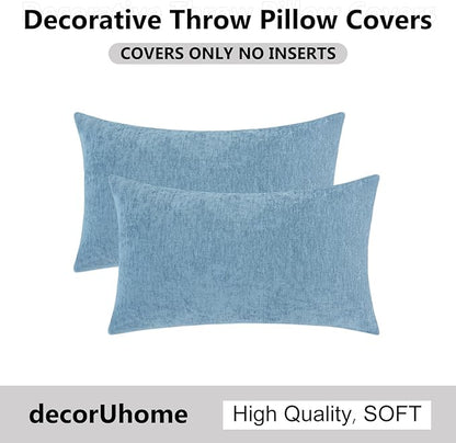 decorUhome Chenille Grey Blue Throw Pillow Covers 12x20 Inch Set of 2, Decorative Soft Couch Pillow Covers Solid Dyed Accent Farmhouse Neutral Rectangle Pillow Cases for Sofa Bed Living Room
