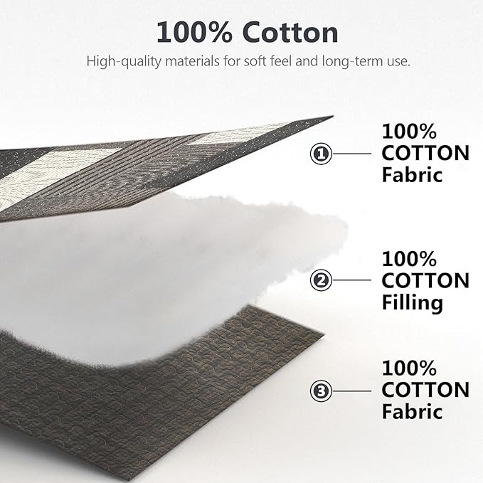 100% Cotton Quilt Set Queen Size - Plaid Quilted Comforter, Patchwork Striped Queen Quilt Bedspread, Modern Farmhouse Lightweight Bedding for Queen Bed, 3pcs, Charcoal/Gray/Taupe/Beige