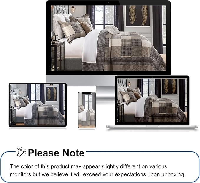 Farmhouse Bedspreads Queen Size 102"x120" - 100% Cotton Lightweight Queen Quilt with 2 Pillowshams, Cottage Plaid Oversize Queen Quilted Bedding Coverlet for All Season, Brown/Beige/Khaki