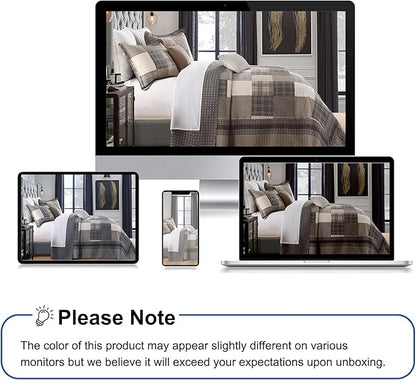 Oversized King Bedspread 128"x120" - 100% Cotton Lightweight California King Quilt with 2 Pillowshams, Farmhouse Plaid Extra Wide Quilted Bedding Bed Spreads Coverlet, Brown/Beige/Khaki