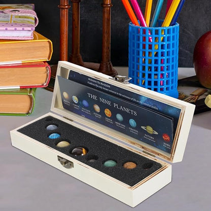 Garneck Mineral Nine Planets Solar System Decor Set with Natural Crystal Spheres, Round Planet Stones Desktop Adornments for Science Education and Home Display in Wooden Box