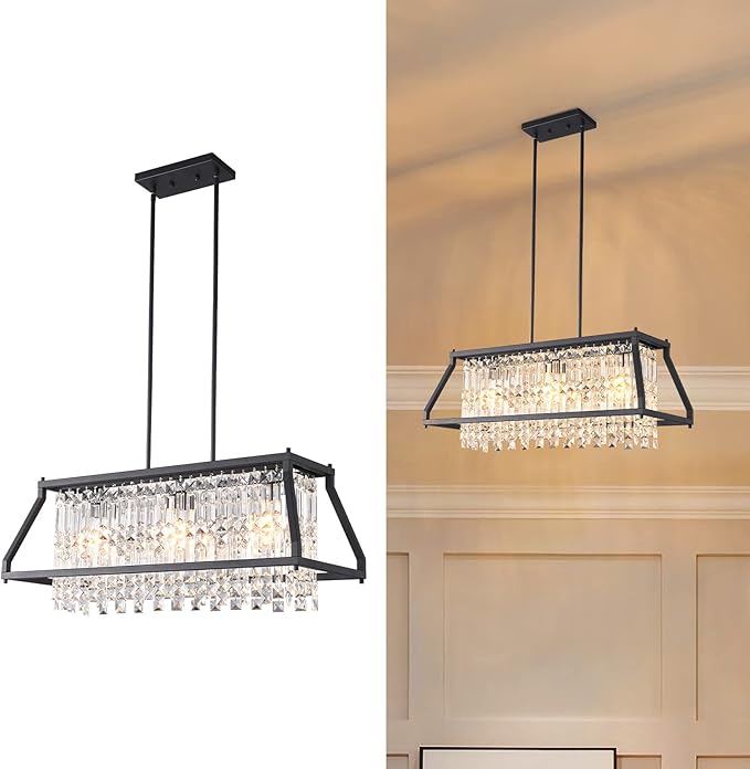 LMQNINE Chandeliers for Dining Room, 3-Light Trapezoidal Industrial Dining Room Light Fixture Farmhouse Chandelier Crystal Pendant Lights Kitchen Island Living Room (Black 30.7 inch)