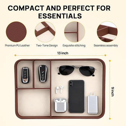 Leather Valet Tray, Stylish and Organized Multifunctional Tray, Nightstand & Desk Organizer, EDC Catchall for Keys Watch Jewelry Bedside Table Organizer