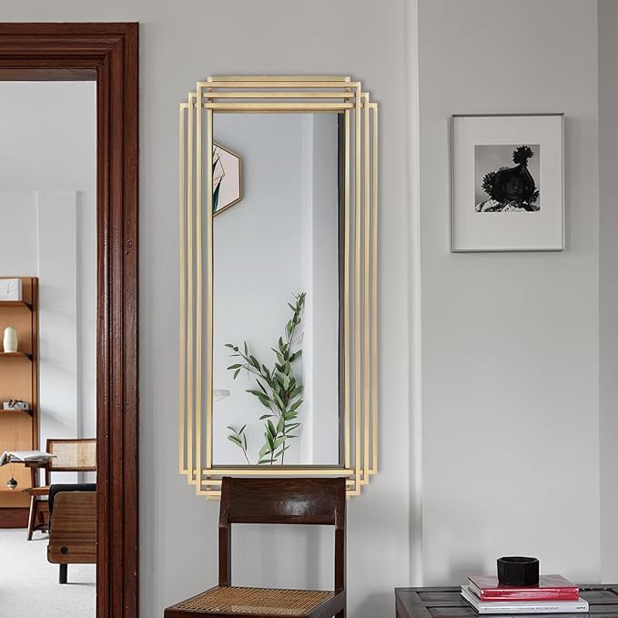 Gold Rectangle Mirror, 47"x22" Geometric Art Deco Mirror with Metal Frame, Modern Elegant Wall Mirrors for Living Room Bathroom Bedroom Entryway Hallway, Hangs Vertically or Horizontally