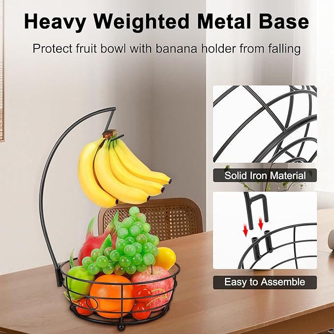 Livabber Countertop Fruit Basket Bowl with Banana Hanger, Modern Standing Fruit Vegetable Bowl Storage, with Banana Tree Holder for Kitchen Dinning Table (Round Metal, Black)