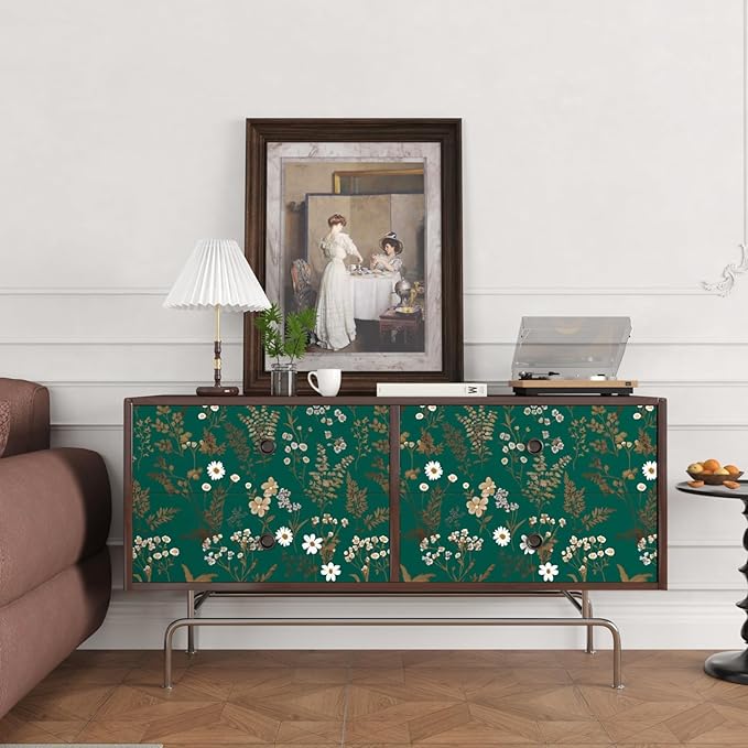 Dark Floral Wallpaper Peel and Stick 17.5in x393in Vintage Green Gold Leaf Wallpaper Vinyl Waterproof Self-Adhesive Boho Botanical Wall Paper Mural for Cabinet Bookcase Bedroom Decor