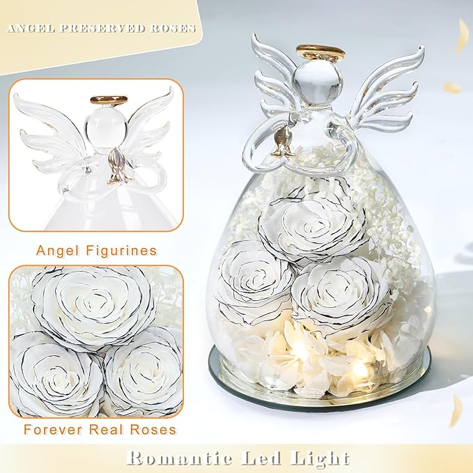 Beferr Valentines Day Rose Gifts for Her Women Mom Gifts for Birthday, Fresh Flowers for Delivery Prime Forever Preserved Rose in Glass Angel Figurine, for Grandma Wife Kids Daughter