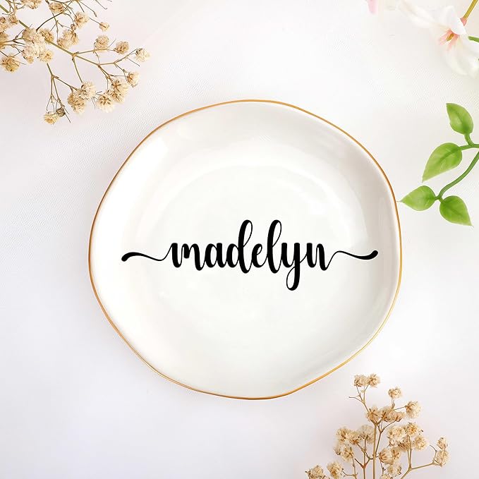 JoycuFF Madelyn Personalized Name Ceramic Jewelry Tray, Mothers Day Christmas Anniversary Engagement Birthday Gifts for Women Couples, Trinket Dish for Rings Earrings Necklaces Bracelets Keys