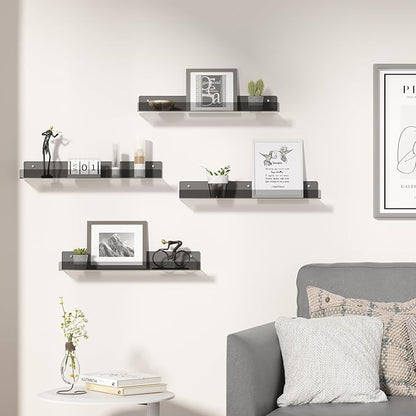 upsimples Acrylic Shelves for Wall Decor, 15" Display Shelf Perfume Organizer for Bathroom, Bedroom, Living Room, Floating Bookshelves for Kids, Clear Black, 4 Pack